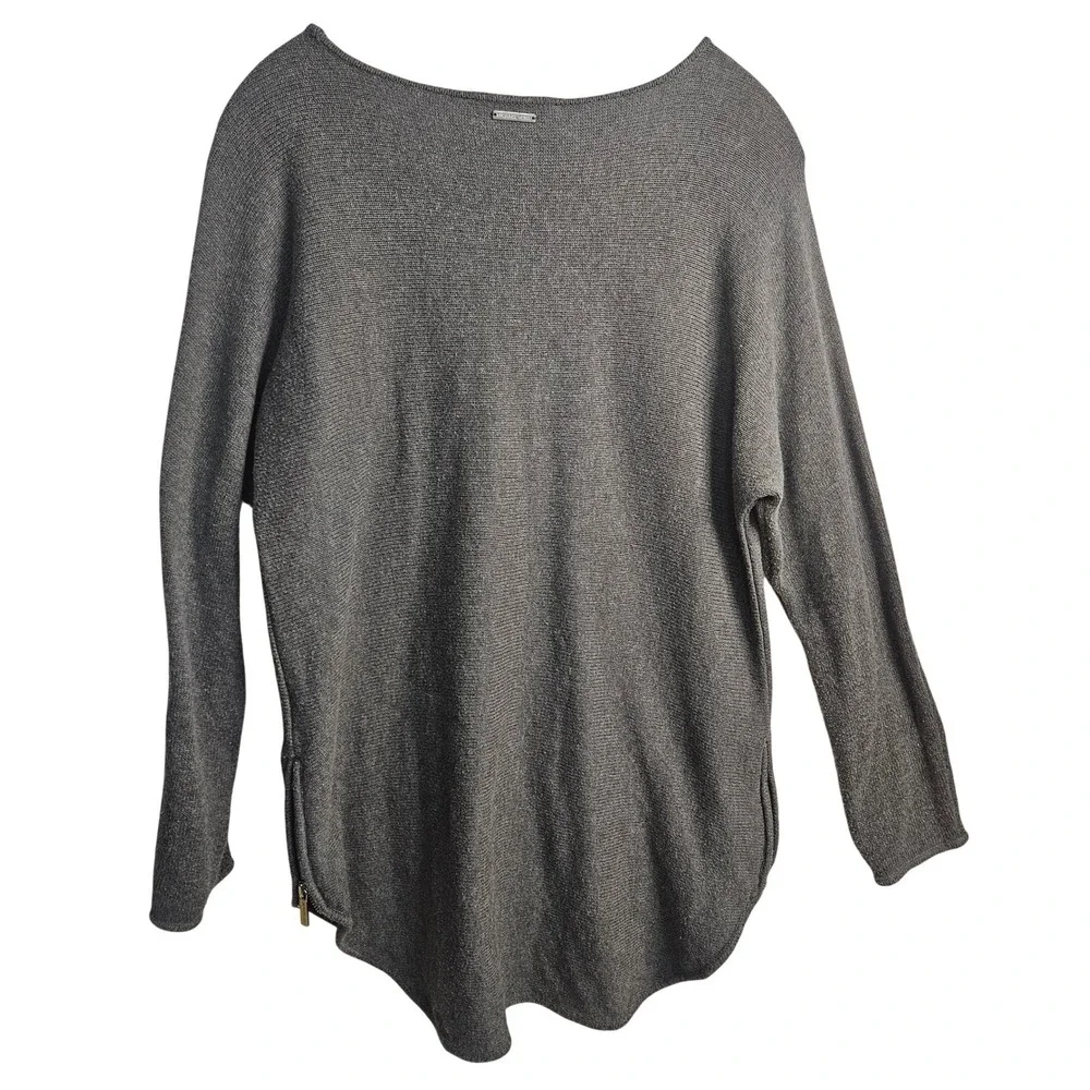 Michael Kors Sz L Gray Knit‎ Tunic Top Side Zip Boat Neck Long Sleeve #541